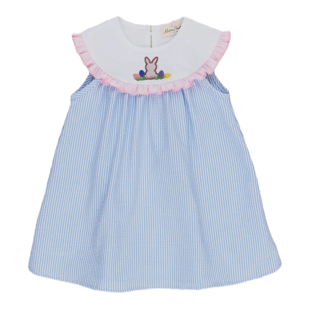 Blue Striped Poplin Bunny Ruffle Dress