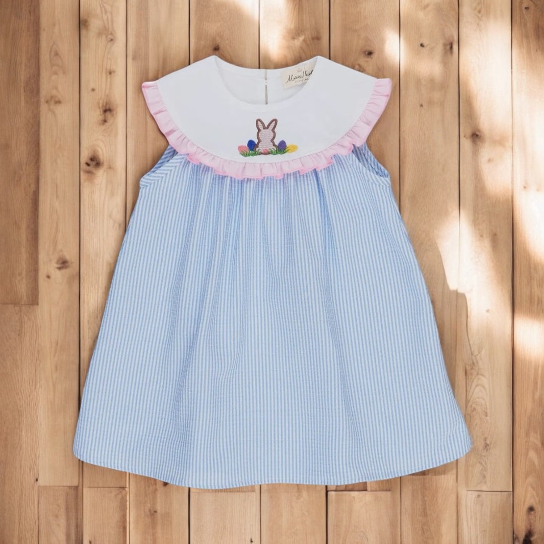 Blue Striped Poplin Bunny Ruffle Dress