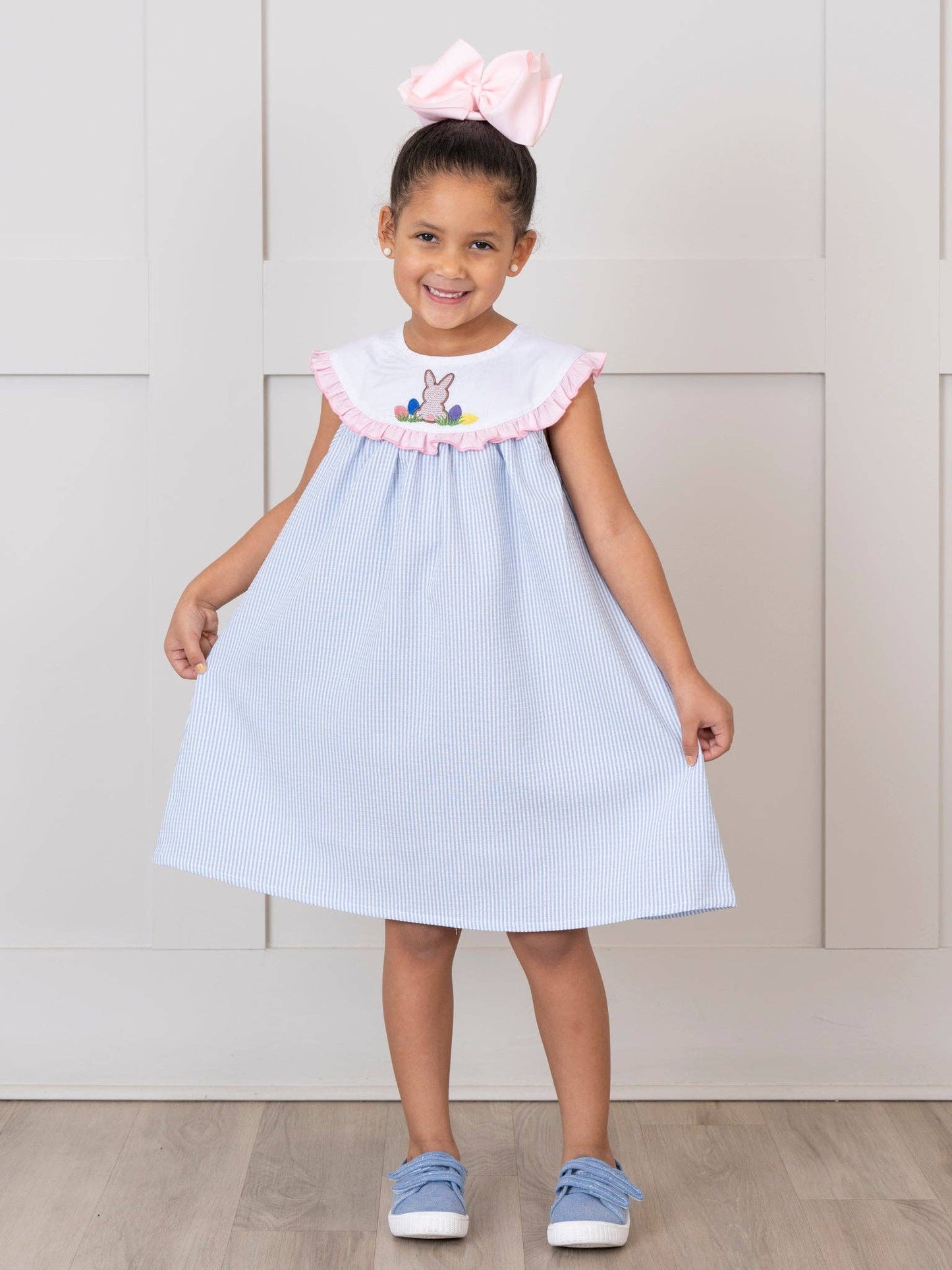 Blue Striped Poplin Bunny Ruffle Dress