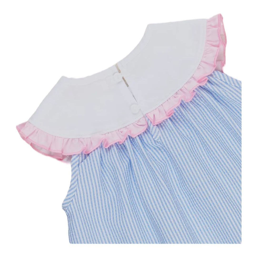 Blue Striped Poplin Bunny Ruffle Dress